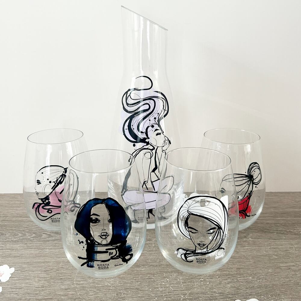 Kosta Boda All About You Sara Woodrow Carafe + 4 Glasses Set Scandinavian Art